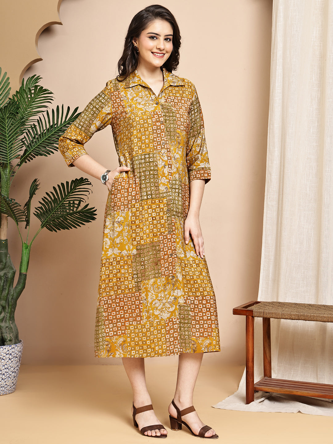 Mustard Colour Abstract Printed Premium Chanderi Dress For Women