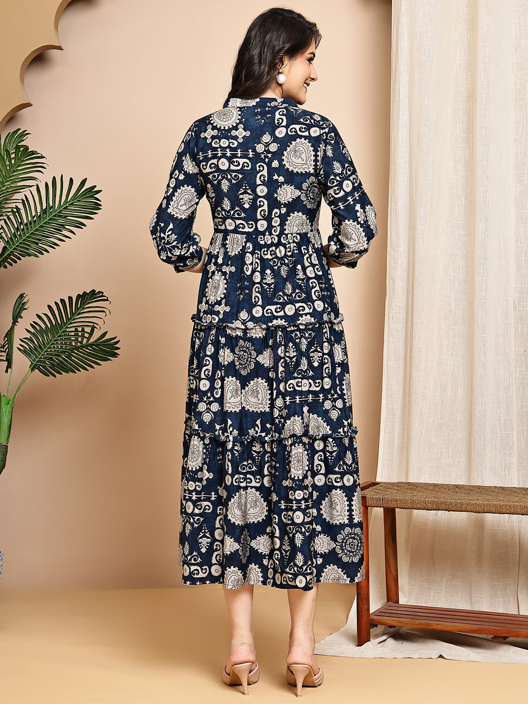 Navy Blue Colour Abstract Printed Ethnic Chanderi Premium Dress For Women