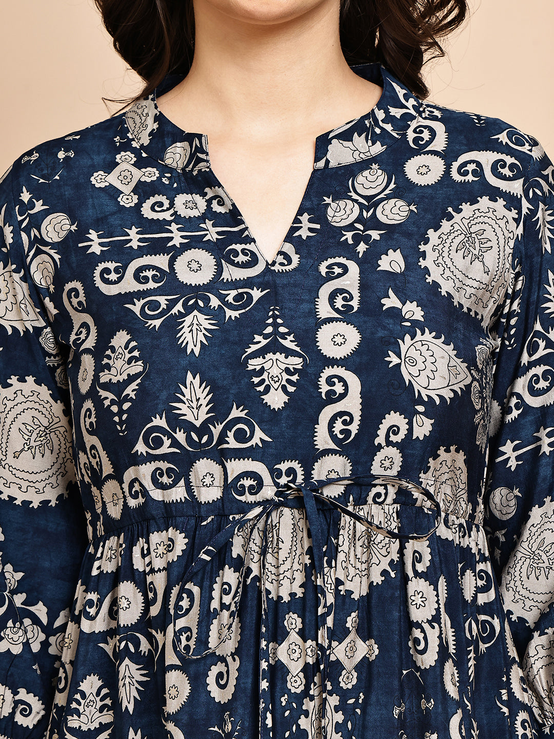 Navy Blue Colour Abstract Printed Ethnic Chanderi Premium Dress For Women