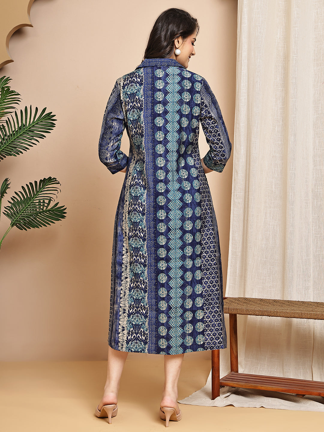 Blue Colour Abstract Printed Premium Chanderi Dress For Women