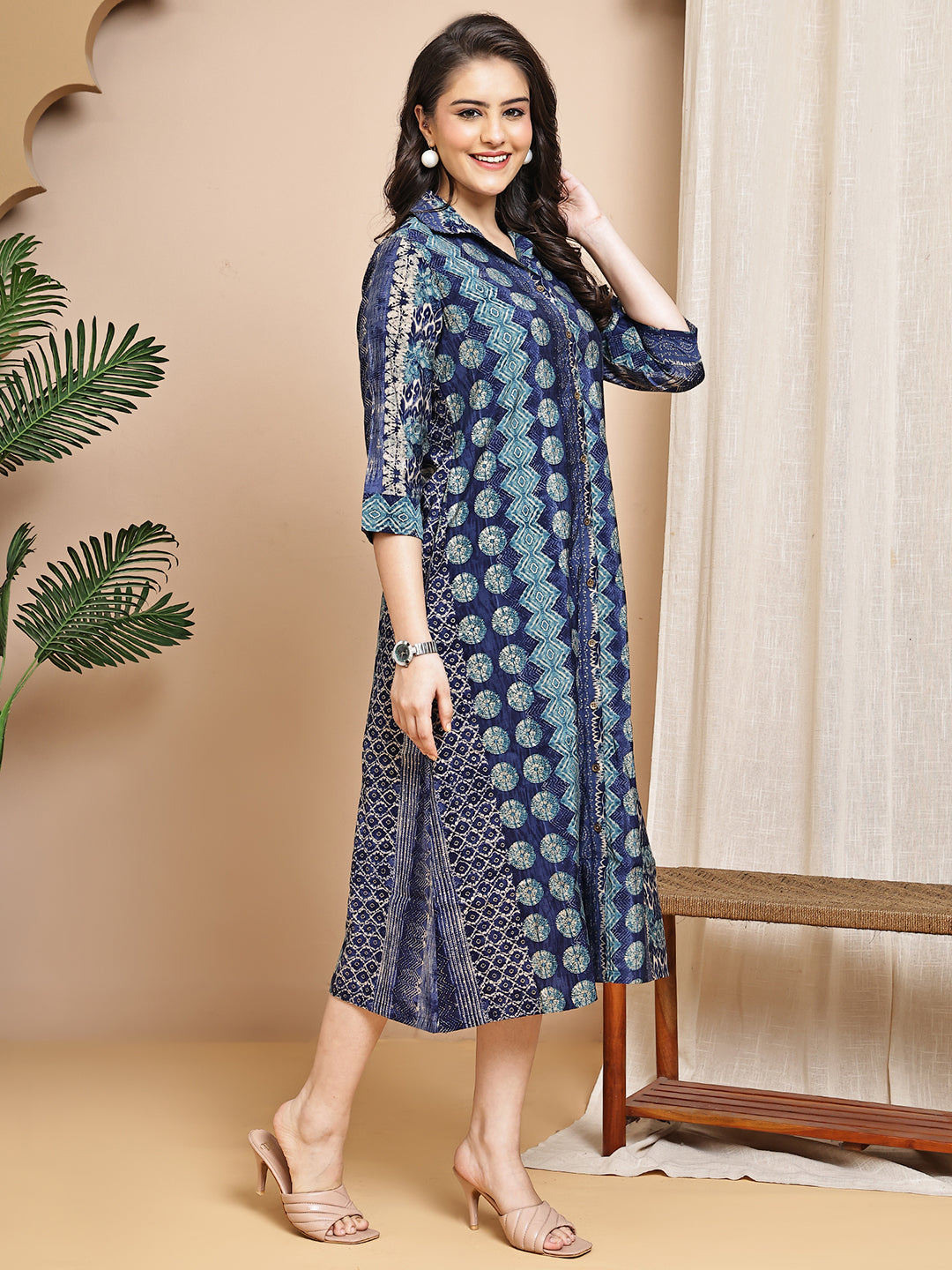 Blue Colour Abstract Printed Premium Chanderi Dress For Women