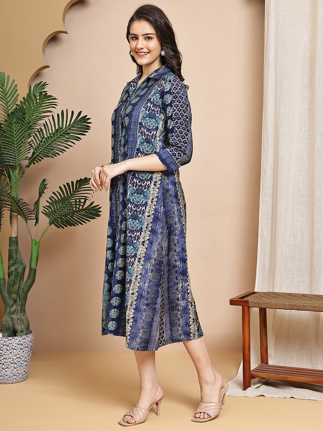 Blue Colour Abstract Printed Premium Chanderi Dress For Women