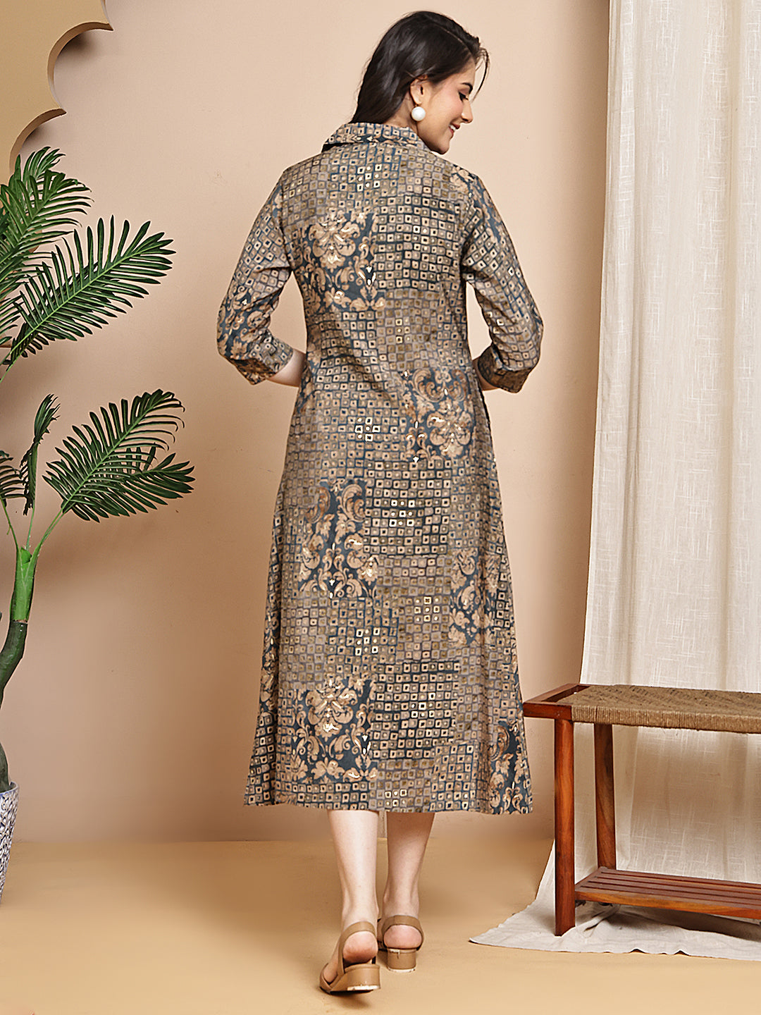 Grey Colour Abstract Printed Premium Chanderi Dress For Women