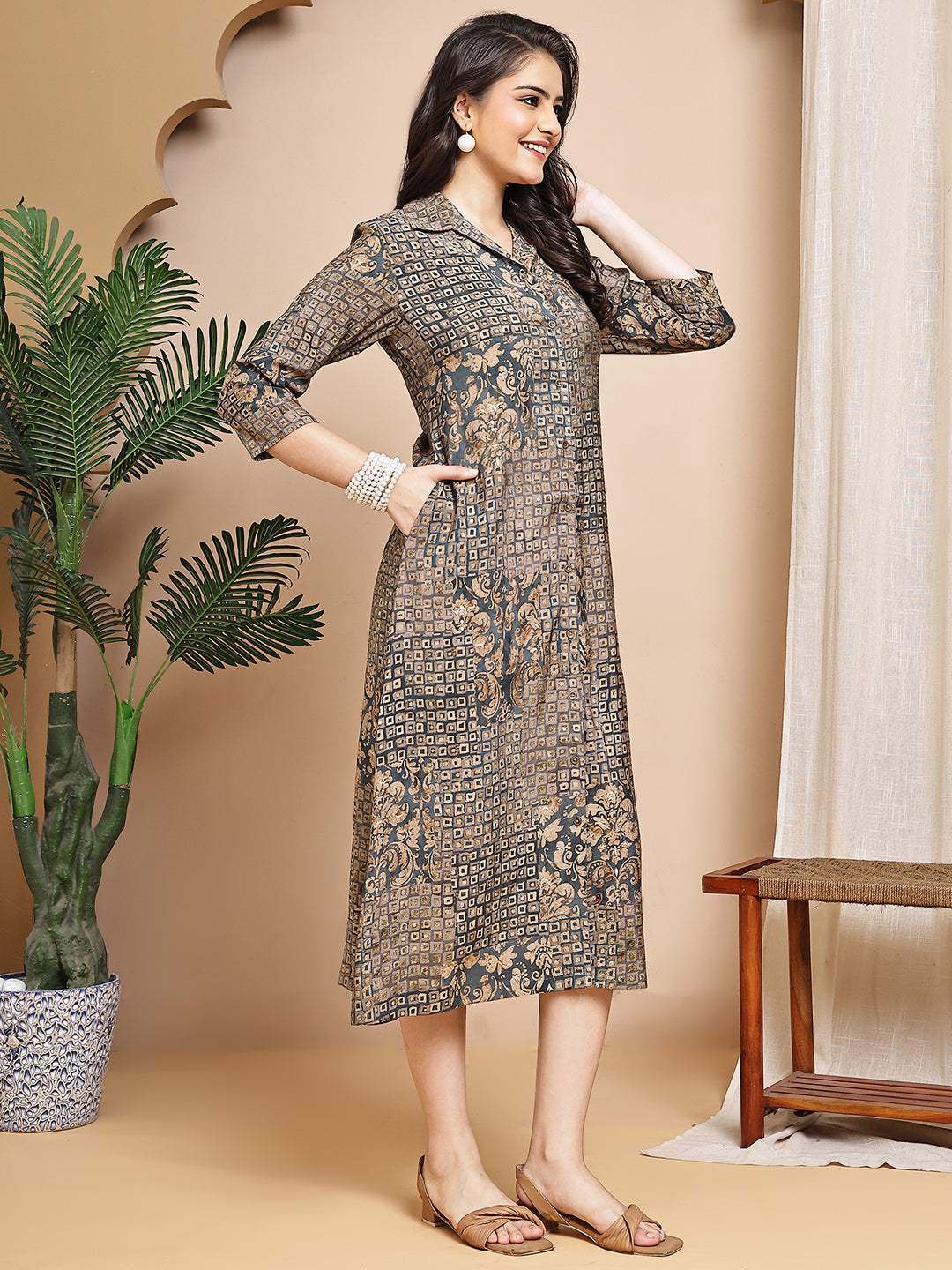 Grey Colour Abstract Printed Premium Chanderi Dress For Women