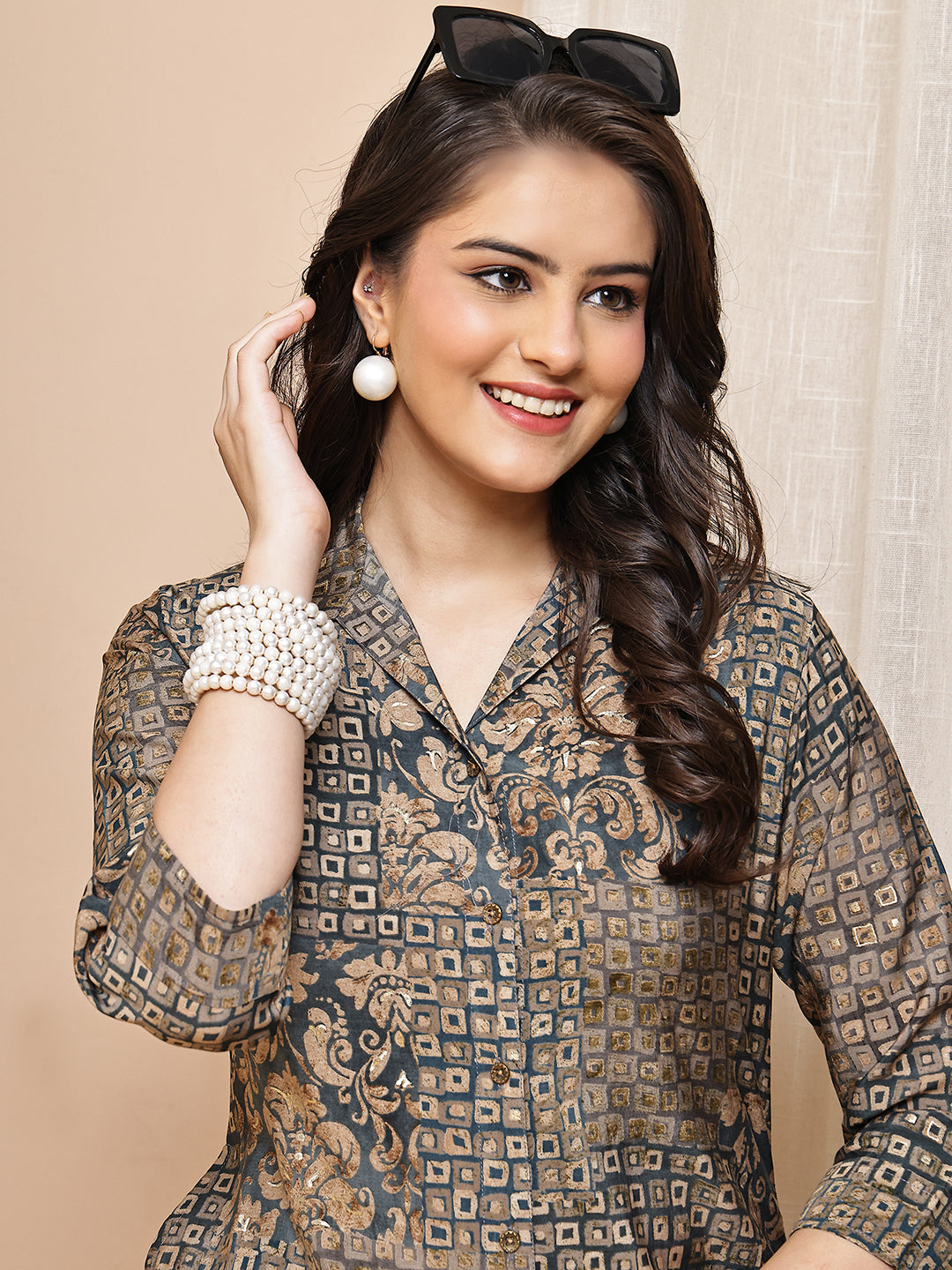 Grey Colour Abstract Printed Premium Chanderi Dress For Women