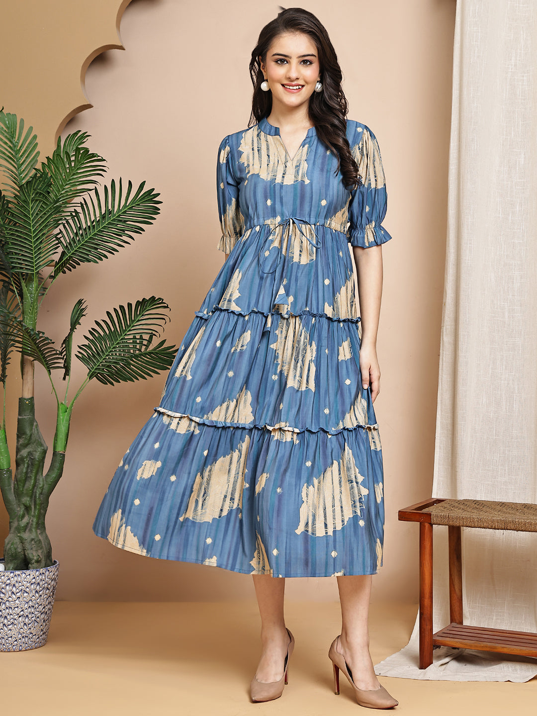 Blue Colour Floral Printed Chanderi Premium Dress For Women