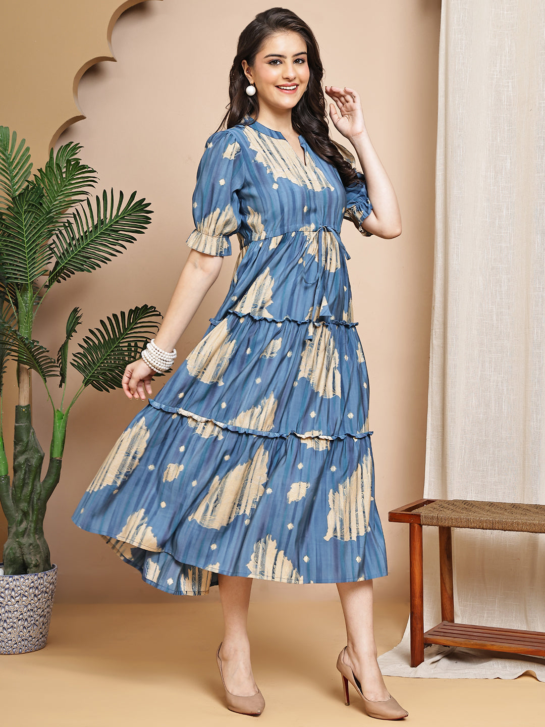 Blue Colour Floral Printed Chanderi Premium Dress For Women