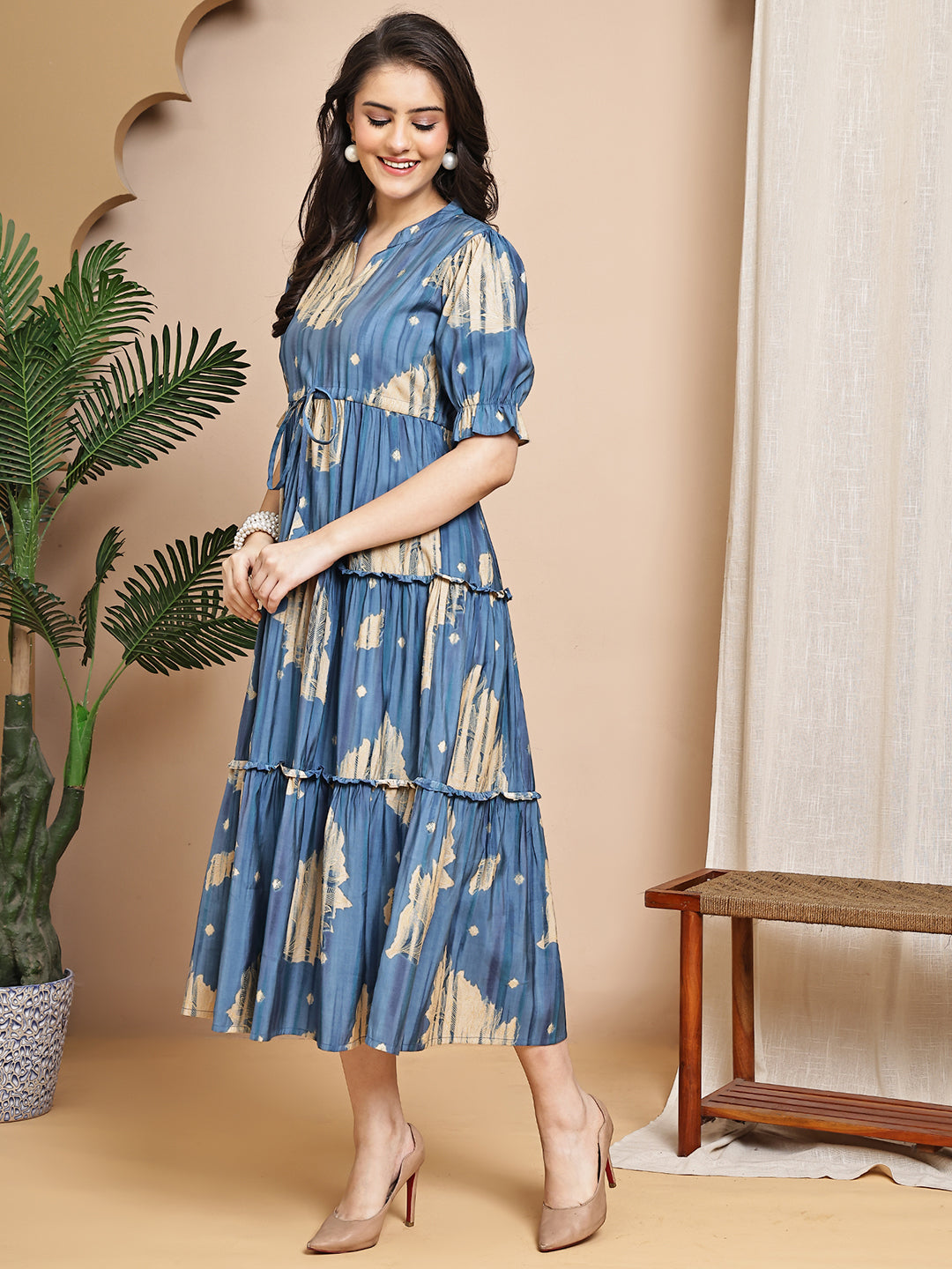 Blue Colour Floral Printed Chanderi Premium Dress For Women