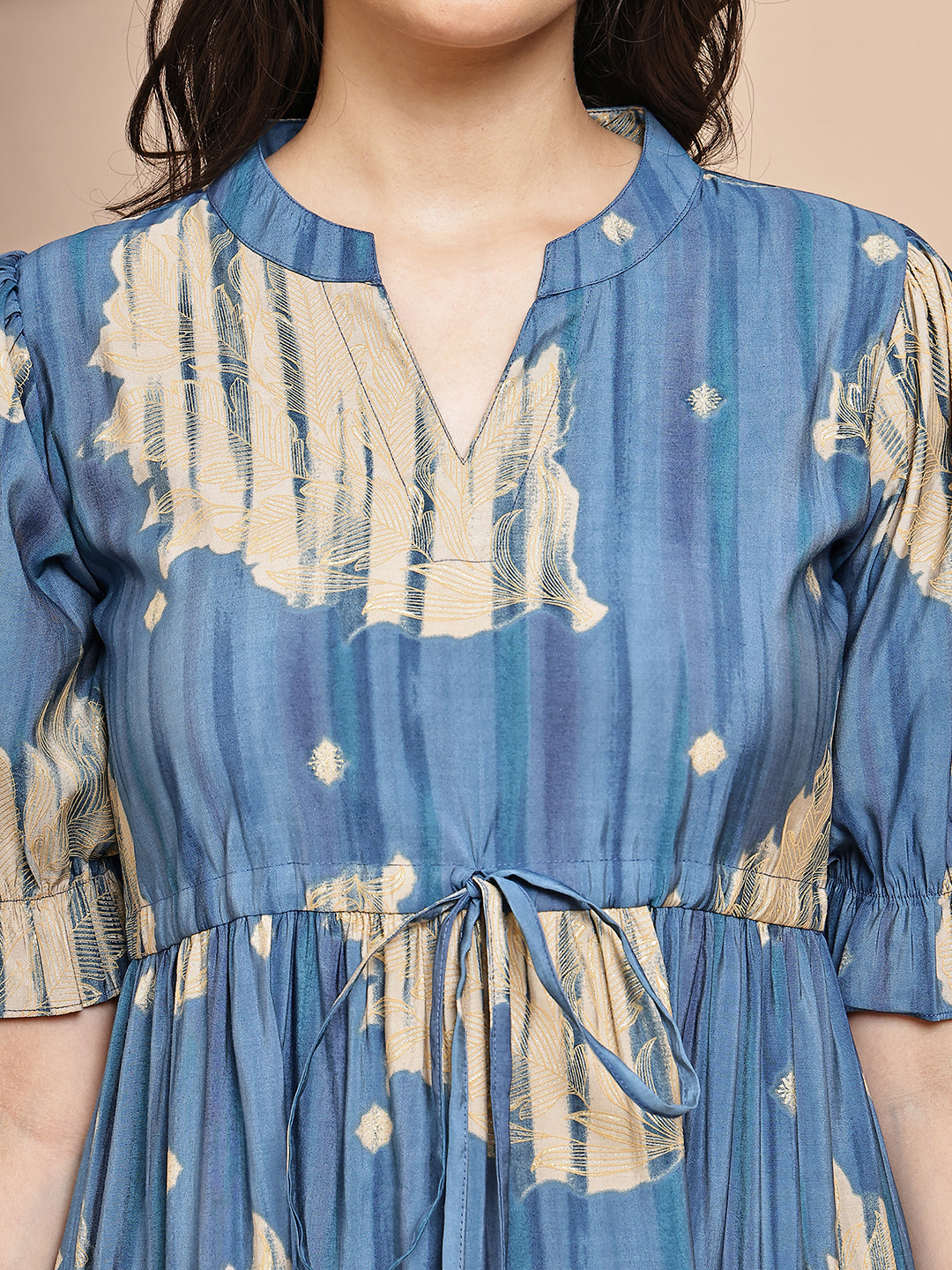 Blue Colour Floral Printed Chanderi Premium Dress For Women