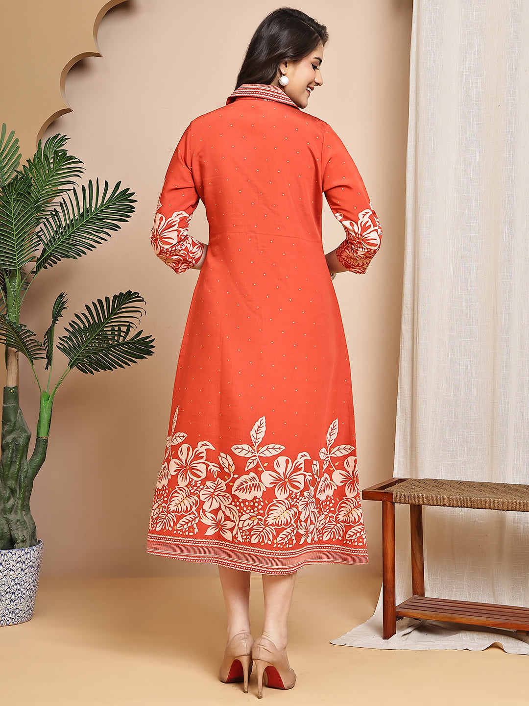 Orange Colour Floral Printed Chanderi Premium Dress For Women
