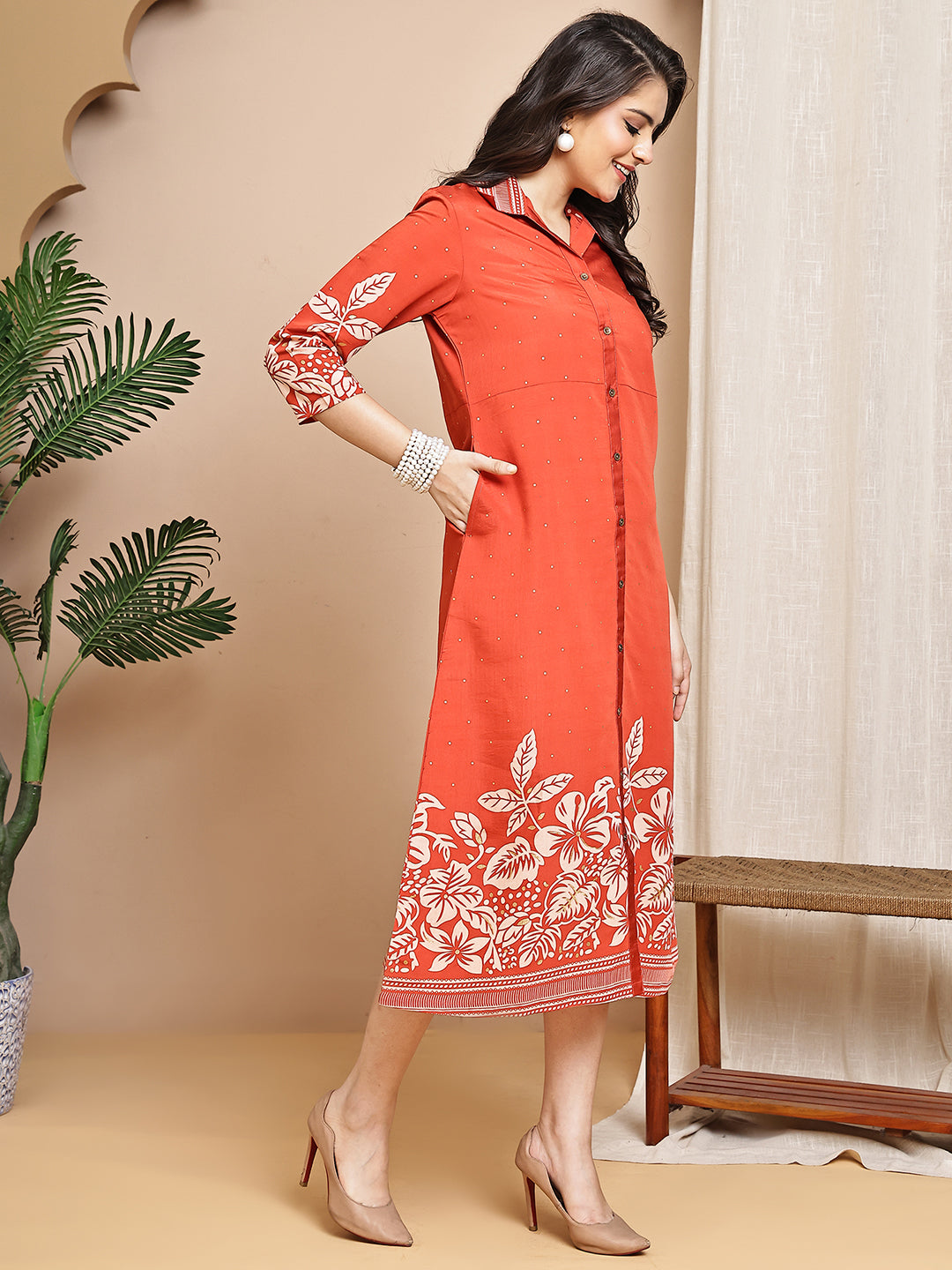 Orange Colour Floral Printed Chanderi Premium Dress For Women