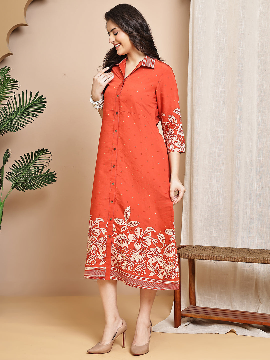 Orange Colour Floral Printed Chanderi Premium Dress For Women