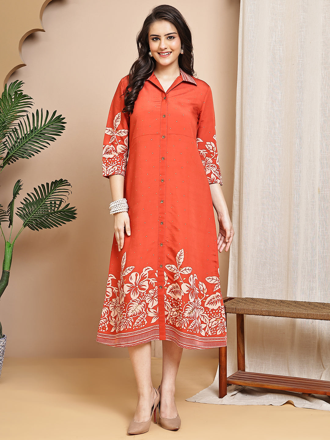 Orange Colour Floral Printed Chanderi Premium Dress For Women