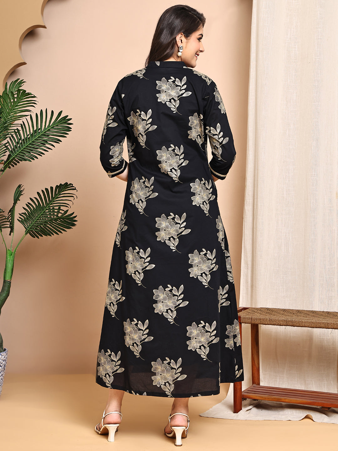 Black Colour Floral Printed Cotton Dress For Women