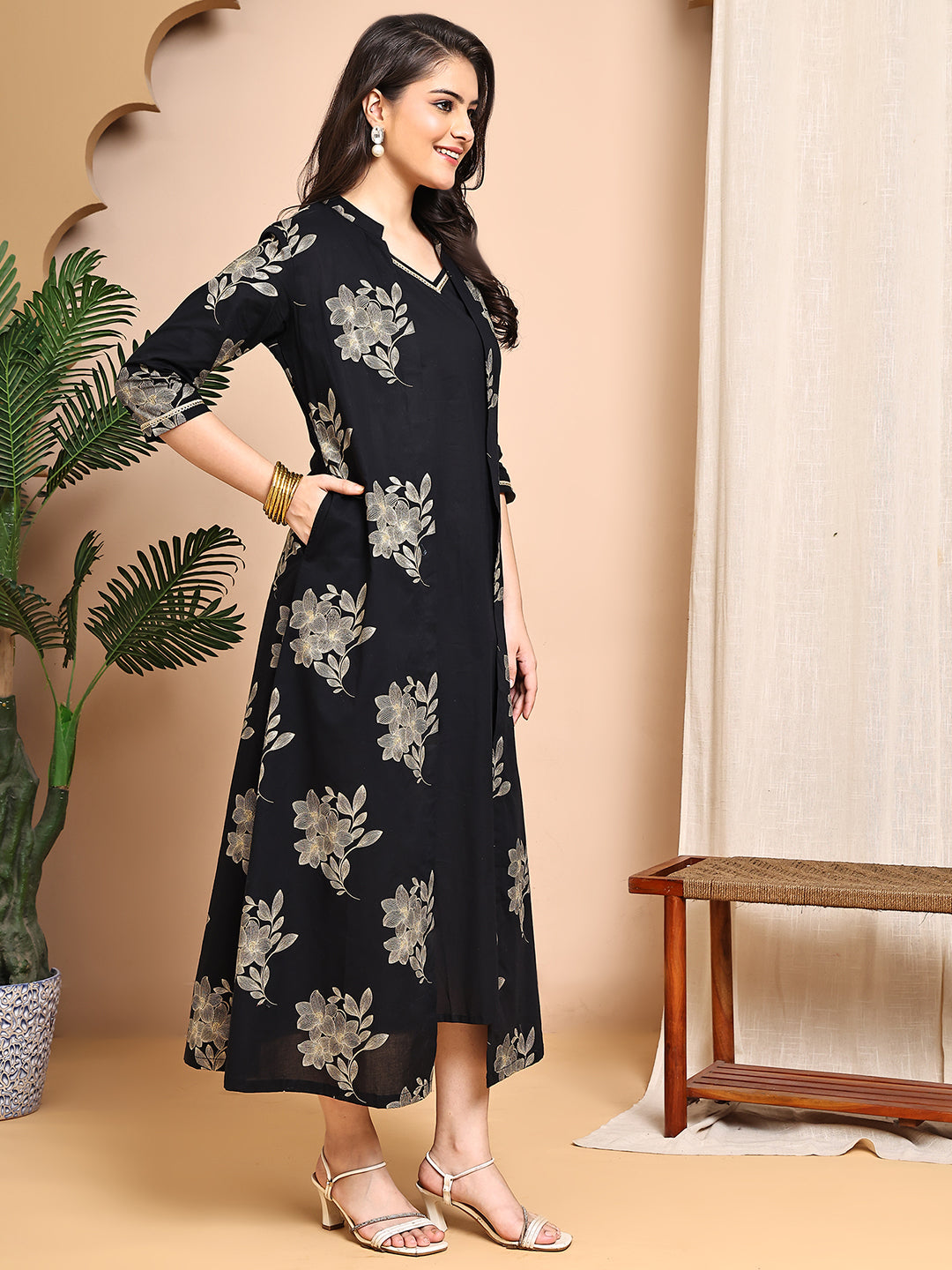 Black Colour Floral Printed Cotton Dress For Women