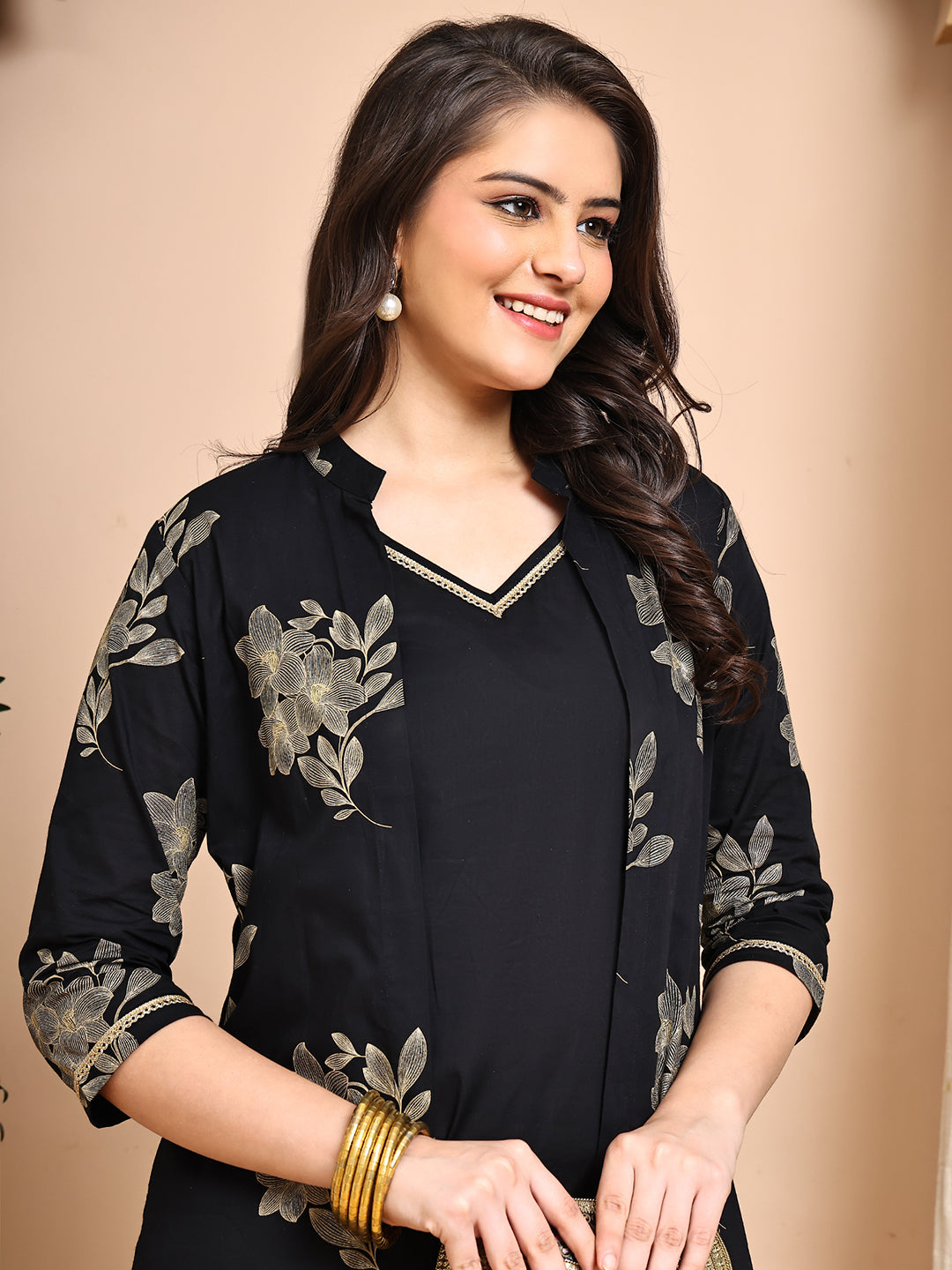 Black Colour Floral Printed Cotton Dress For Women