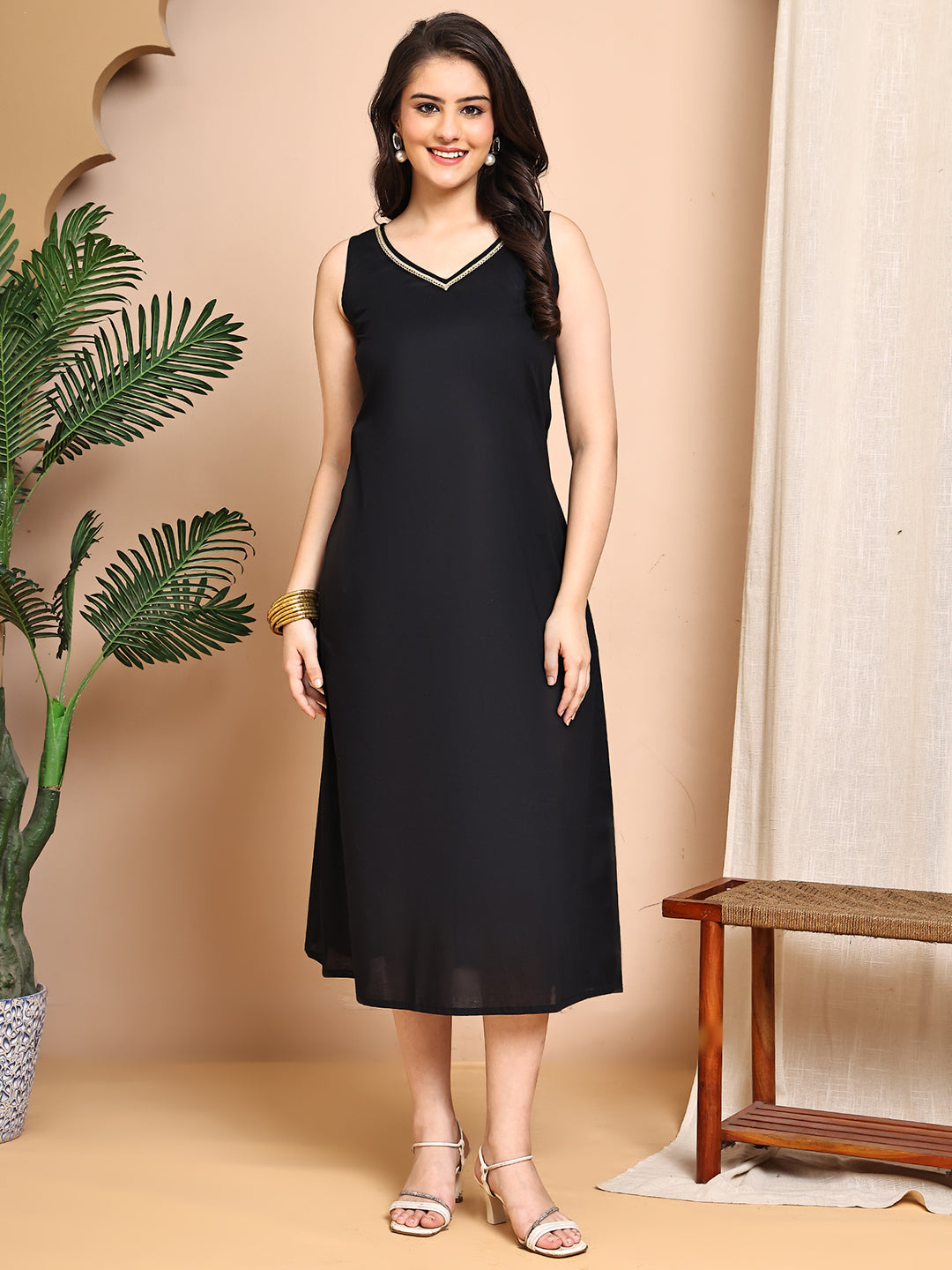 Black Colour Floral Printed Cotton Dress For Women