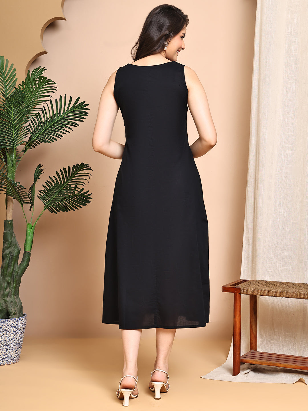 Black Colour Floral Printed Cotton Dress For Women