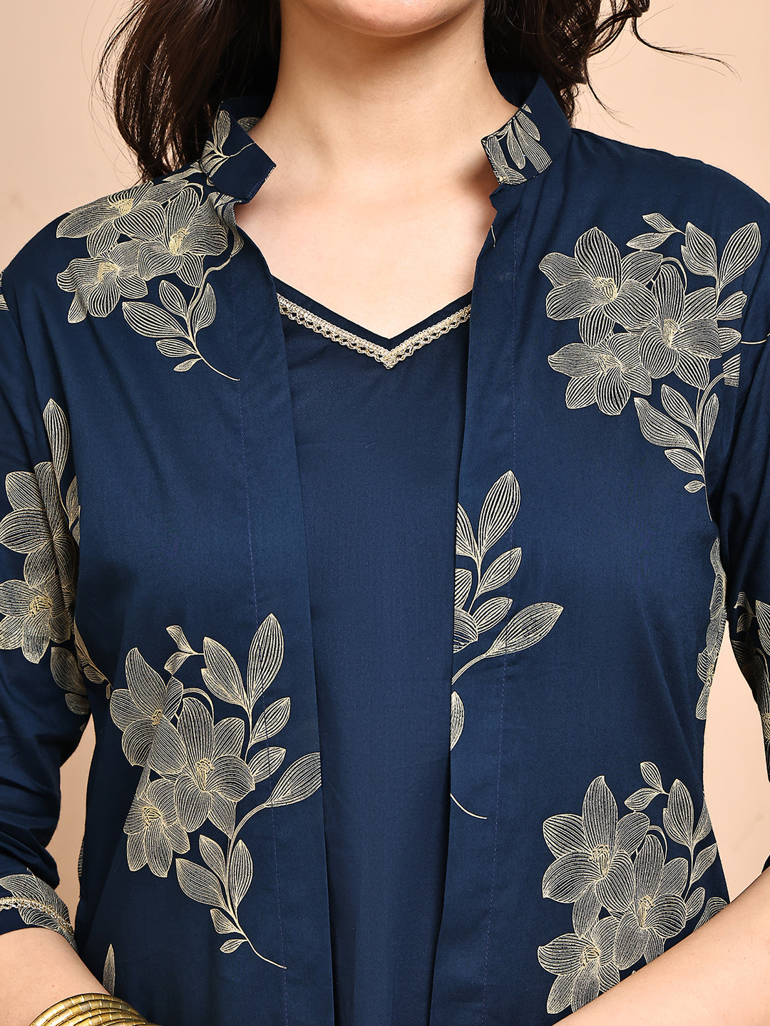 Navy Blue color Floral Printed Cotton Dress For Women