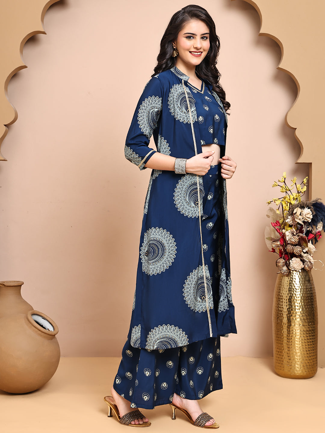 Blue Colour V-Neck Ethnic Printed Co-Ord Set with Palazzo & Jacket for Women