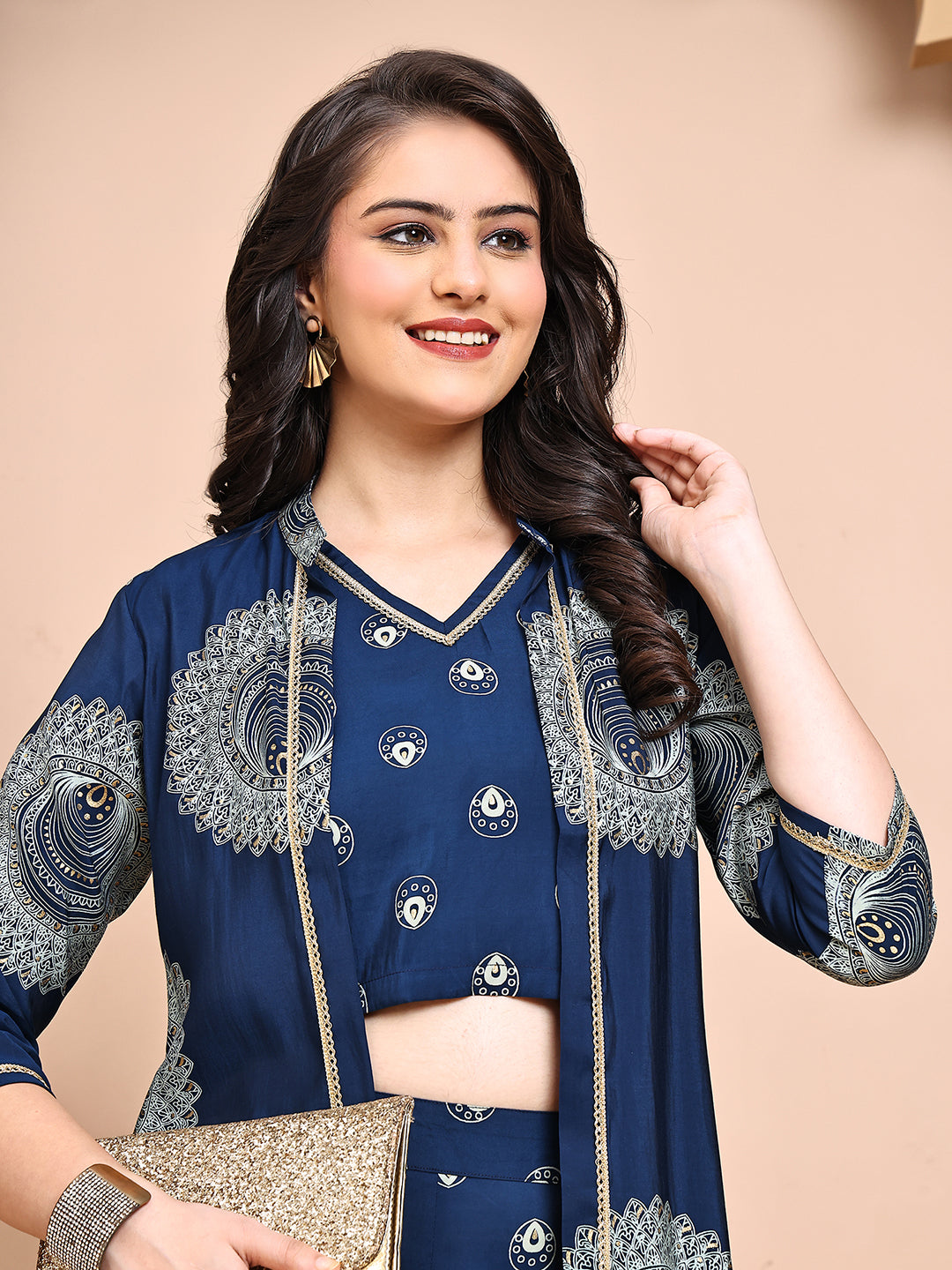 Blue Colour V-Neck Ethnic Printed Co-Ord Set with Palazzo & Jacket for Women