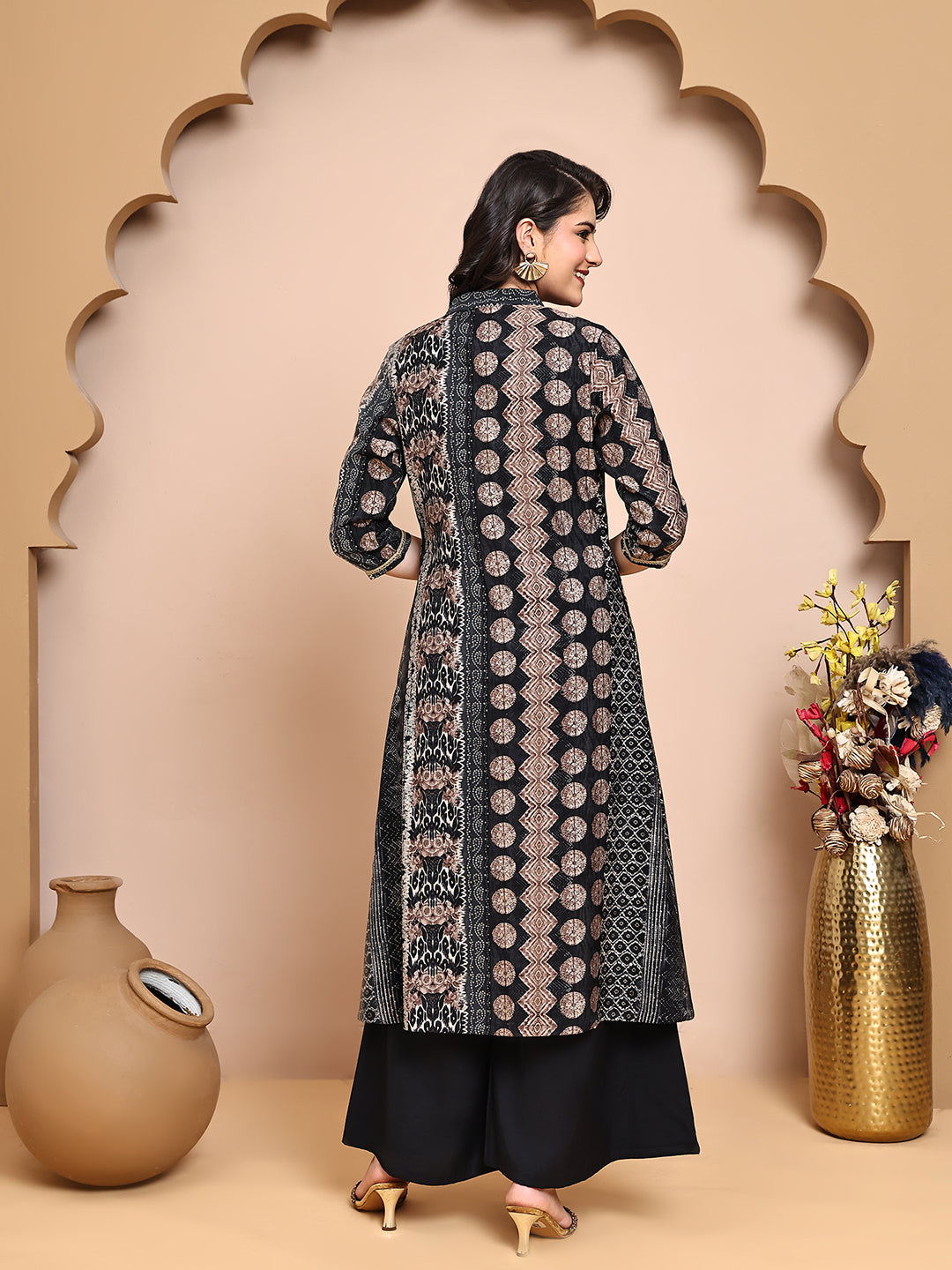 Black Colour V-Neck Ethnic Printed Co-Ord Set with Palazzo & Jacket for Women
