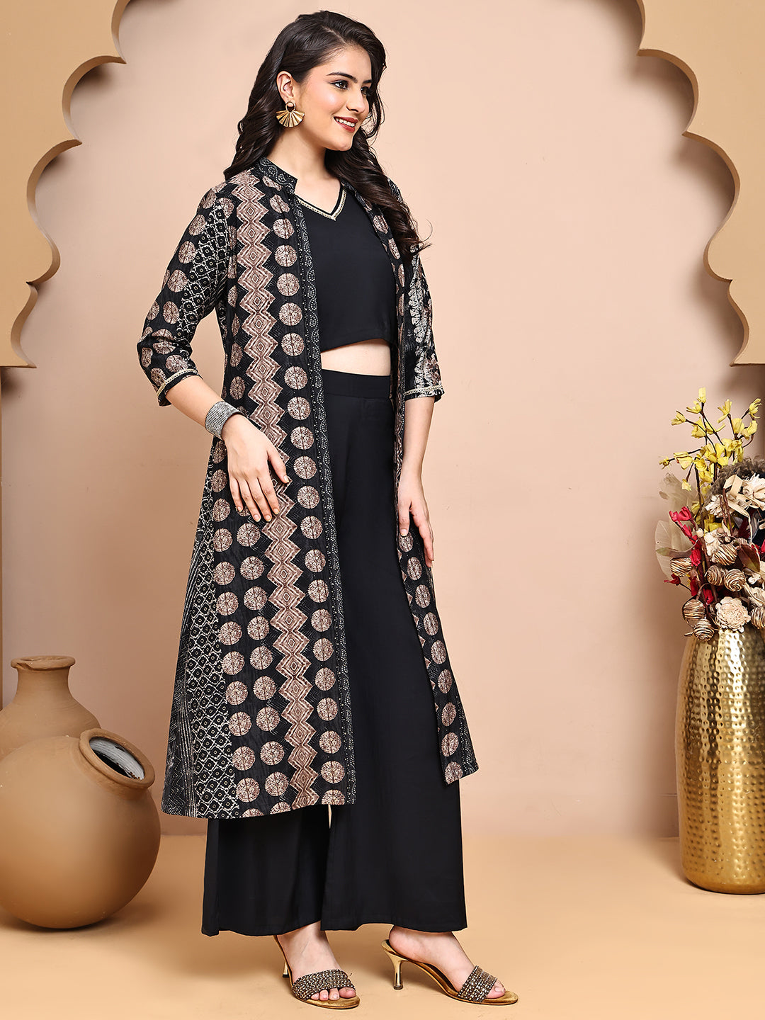 Black Colour V-Neck Ethnic Printed Co-Ord Set with Palazzo & Jacket for Women
