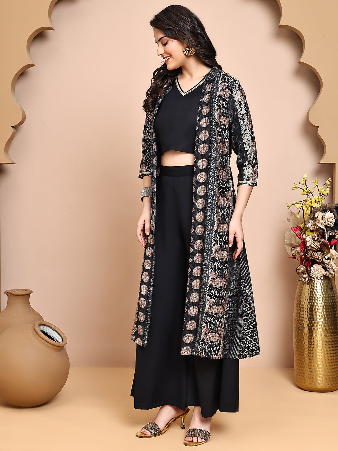 Black Colour V-Neck Ethnic Printed Co-Ord Set with Palazzo & Jacket for Women