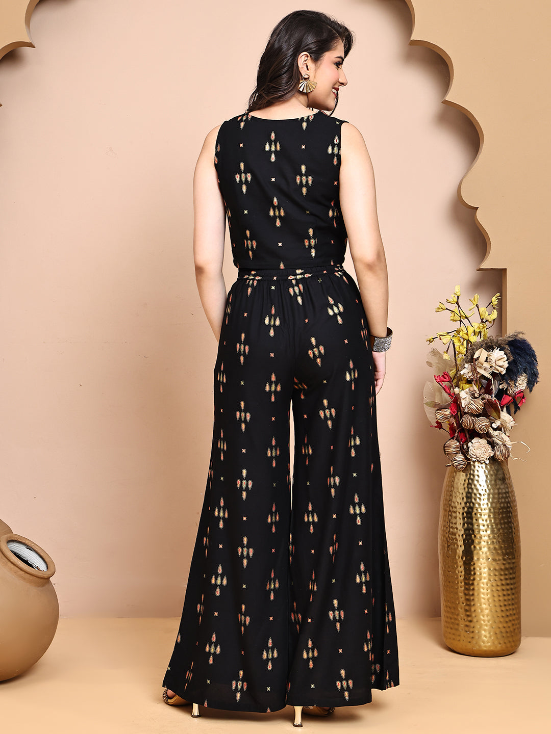 Black Colour Ethnic Printed Co-Ord Set with Palazzo & Jacket for Women | S-XXL | Claura