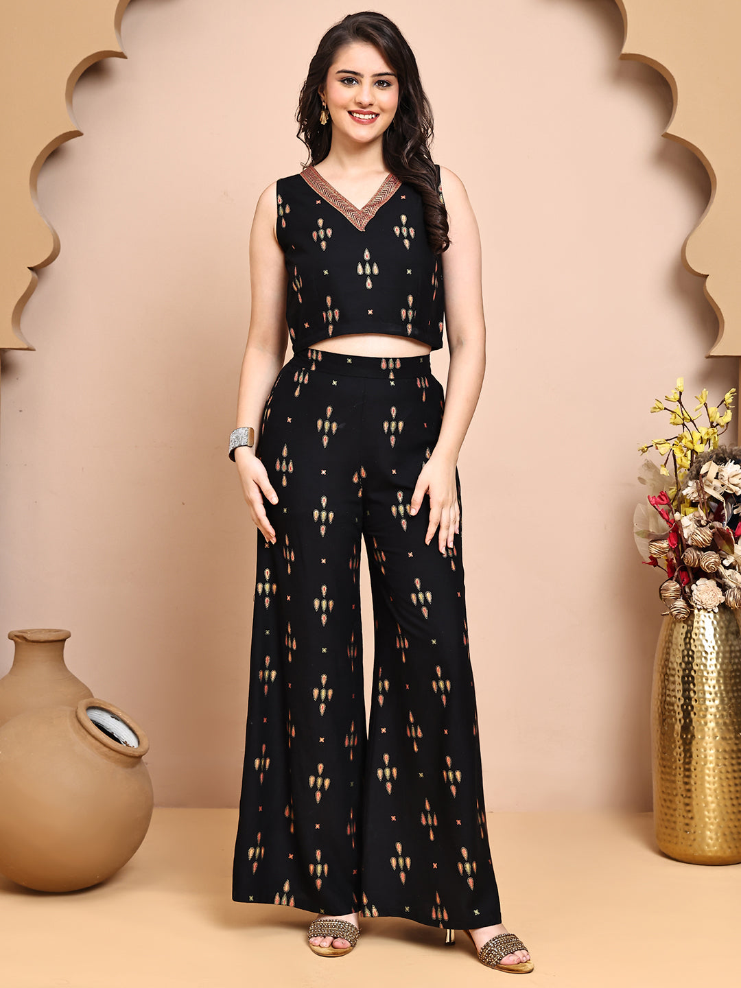 Black Colour Ethnic Printed Co-Ord Set with Palazzo & Jacket for Women | S-XXL | Claura