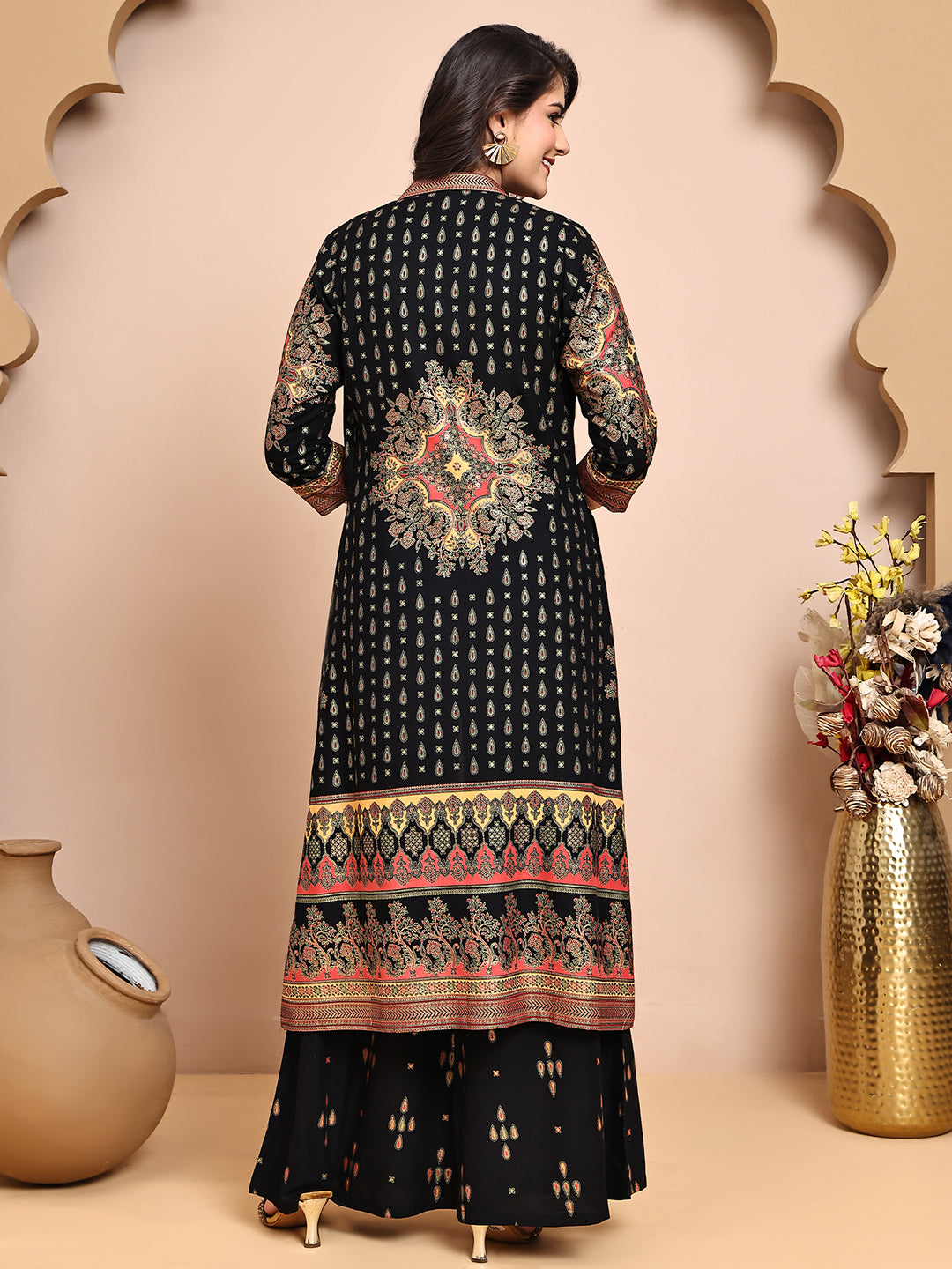 Black Colour Ethnic Printed Co-Ord Set with Palazzo & Jacket for Women | S-XXL | Claura