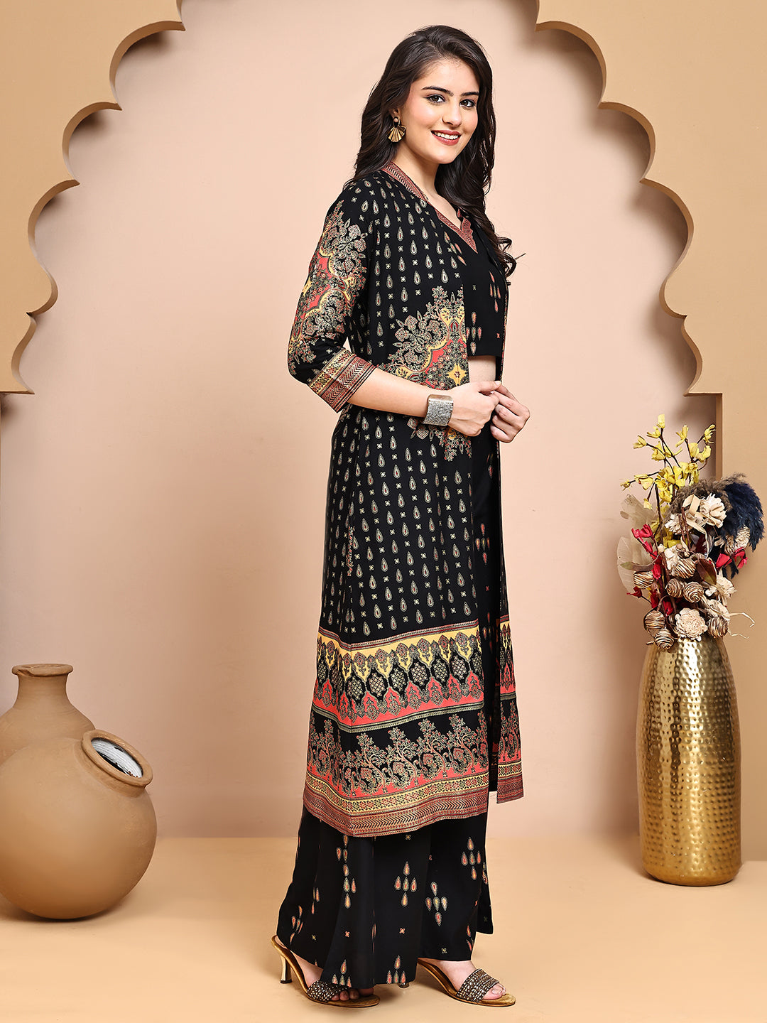 Black Colour Ethnic Printed Co-Ord Set with Palazzo & Jacket for Women | S-XXL | Claura