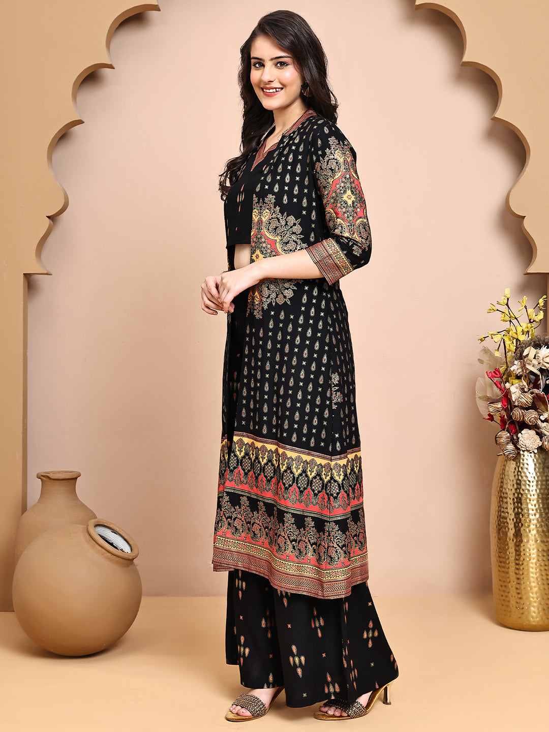 Black Colour Ethnic Printed Co-Ord Set with Palazzo & Jacket for Women | S-XXL | Claura