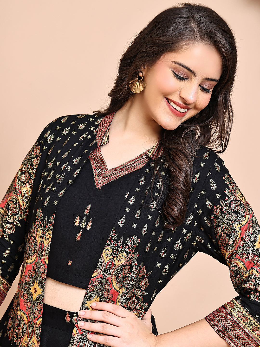 Black Colour Ethnic Printed Co-Ord Set with Palazzo & Jacket for Women | S-XXL | Claura