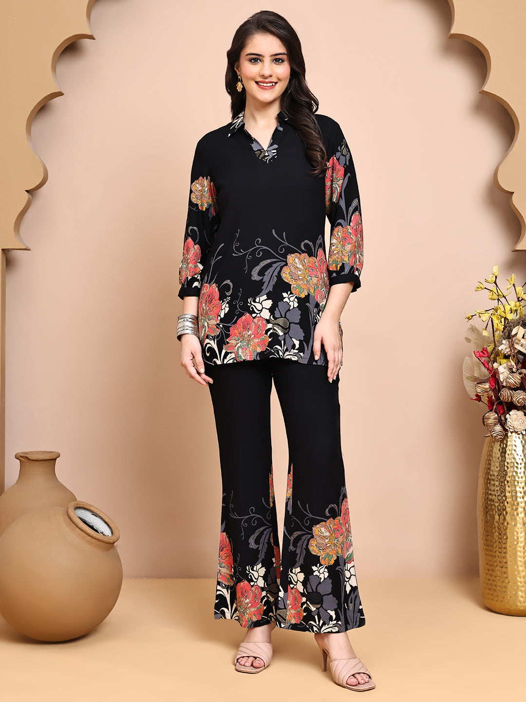 Black Colour Floral Printed Viscose Rayon Co-Ord Set for Women