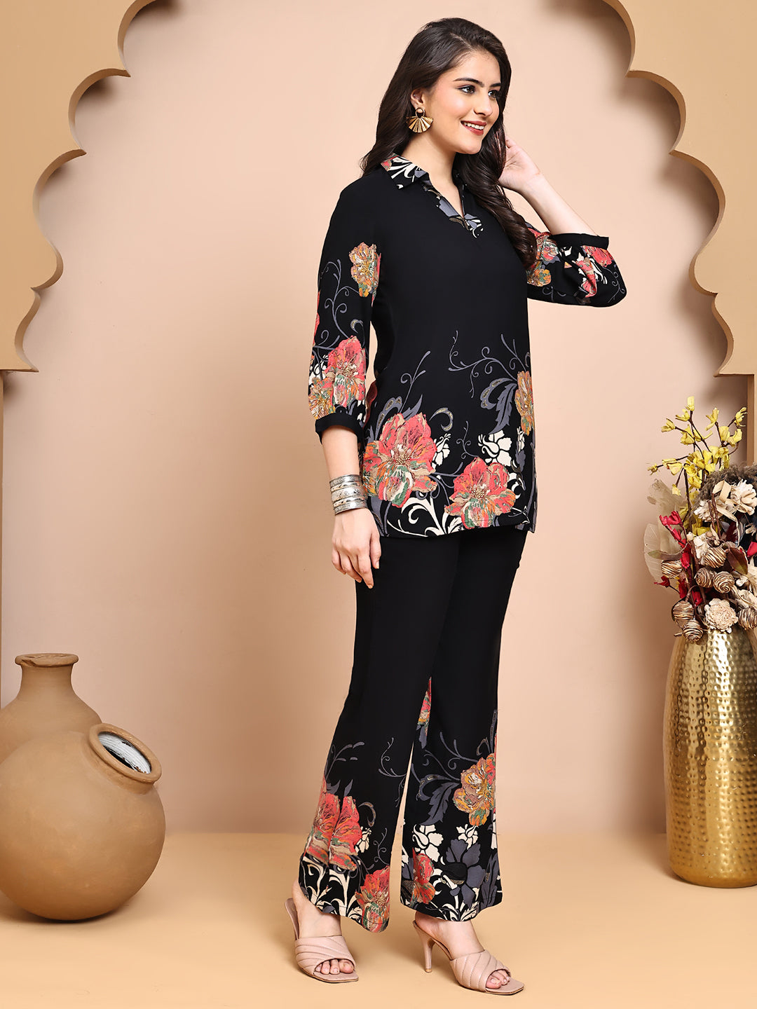 Black Colour Floral Printed Viscose Rayon Co-Ord Set for Women