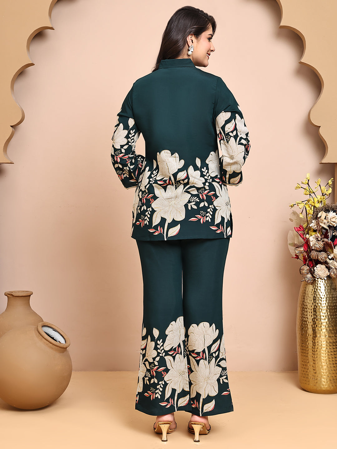 Green Colour Floral Printed Premium Chanderi Co-Ords Set for Women