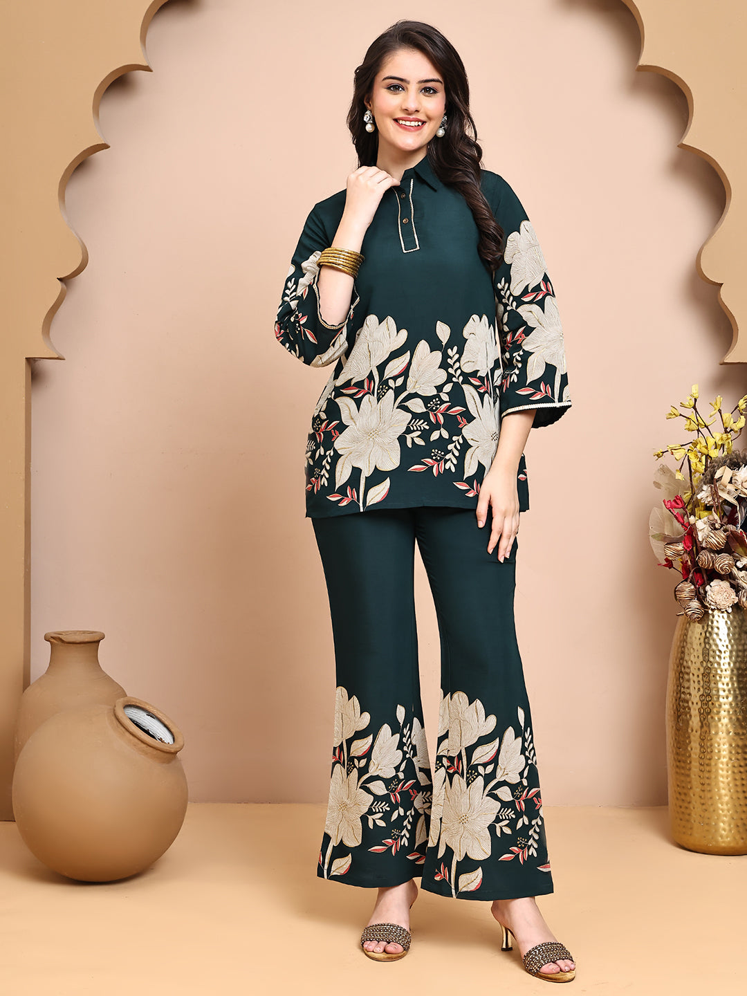 Woman wearing Green Floral Printed Co-Ord Set