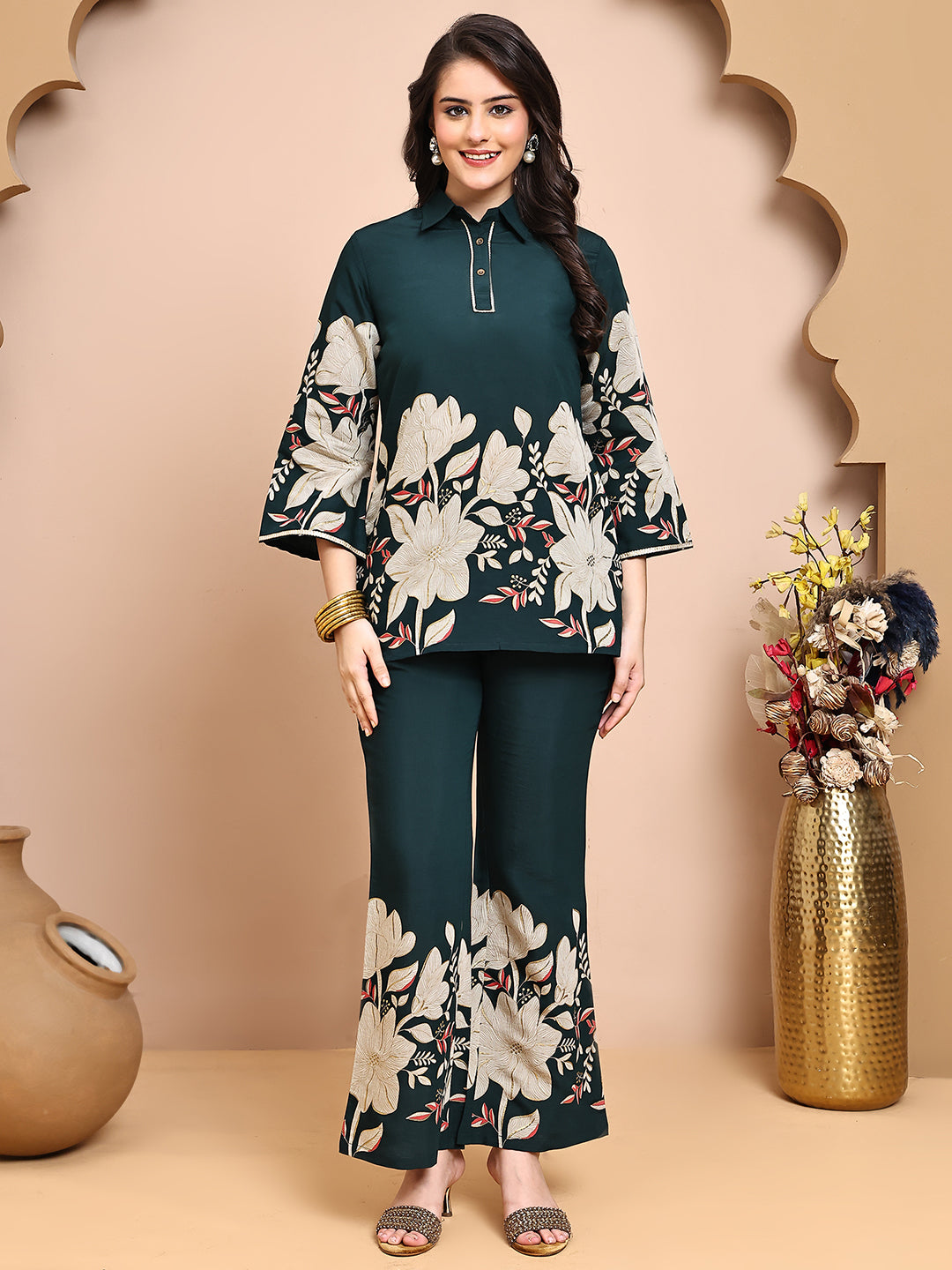 Green Colour Floral Printed Premium Chanderi Co-Ords Set for Women