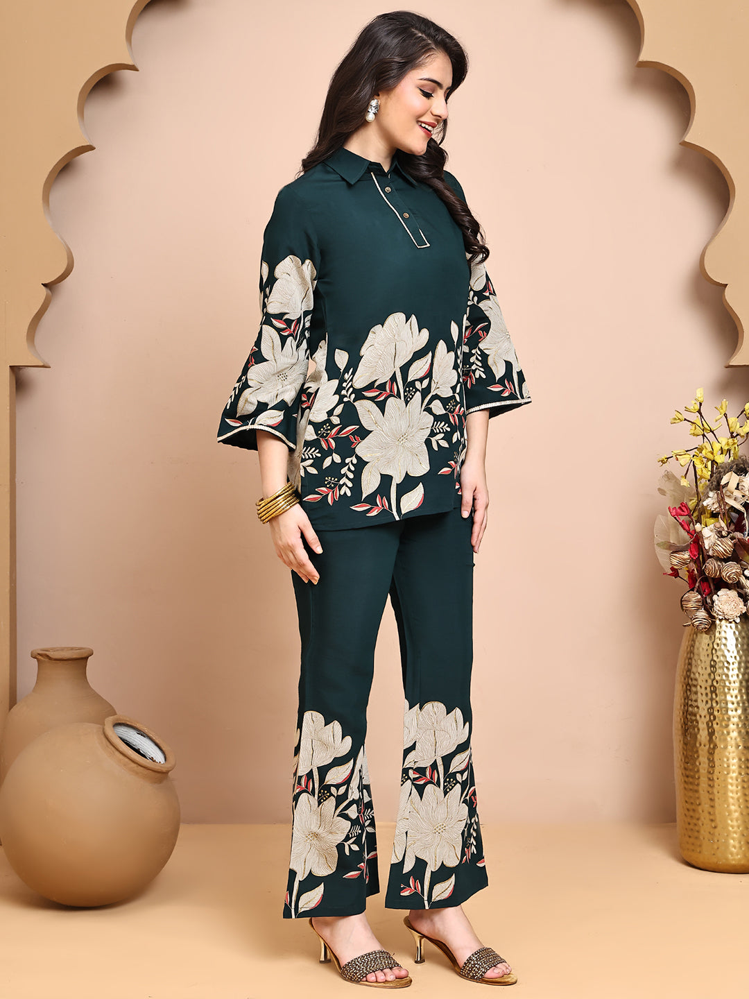 Green Colour Floral Printed Premium Chanderi Co-Ords Set for Women