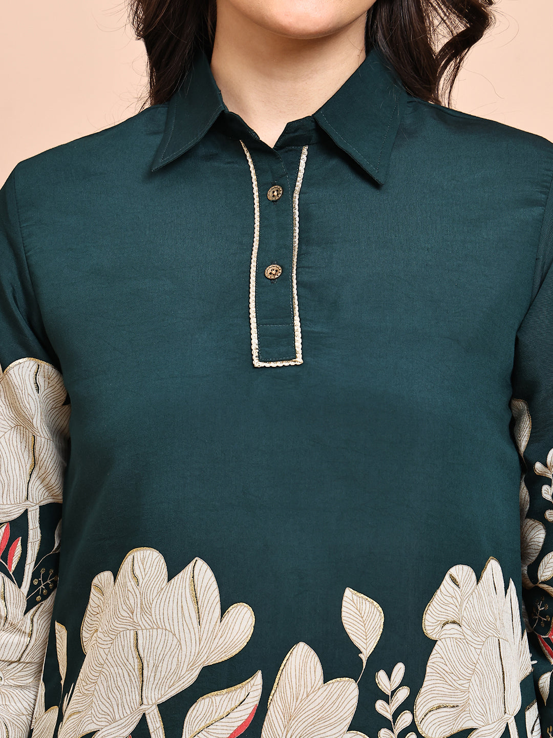 Green Colour Floral Printed Premium Chanderi Co-Ords Set for Women