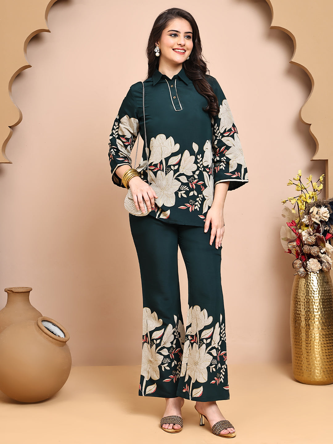 Green Colour Floral Printed Premium Chanderi Co-Ords Set for Women