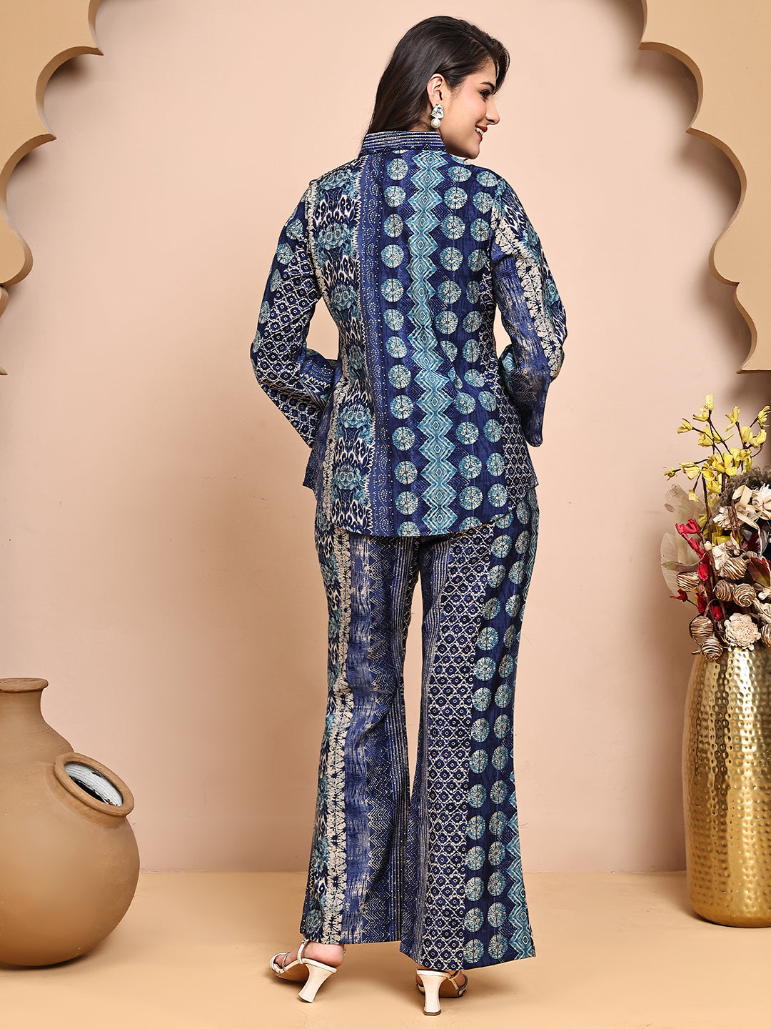 Blue Colour Abstract Printed Shirt Collar Tunic & Trousers Co-Ord Set for Women