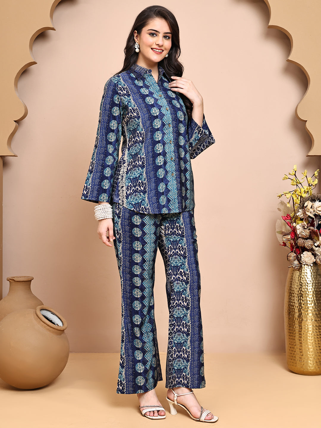 Blue Colour Abstract Printed Shirt Collar Tunic & Trousers Co-Ord Set for Women