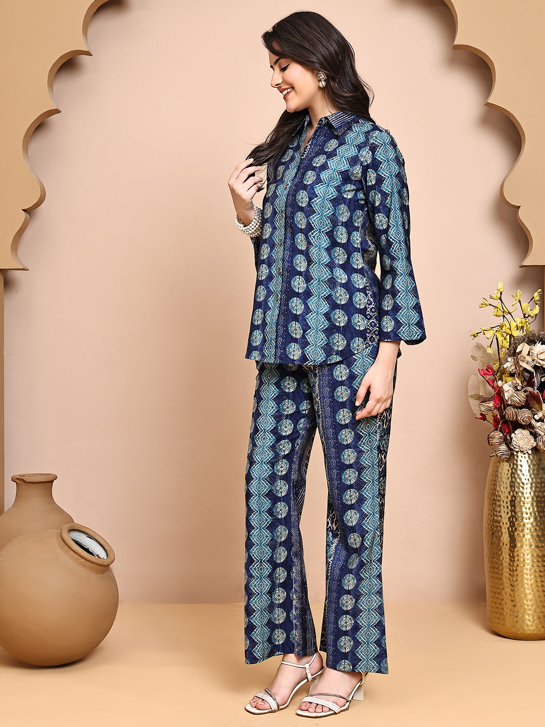 Blue Colour Abstract Printed Shirt Collar Tunic & Trousers Co-Ord Set for Women