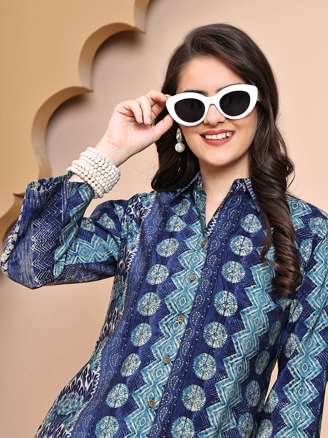 Blue Colour Abstract Printed Shirt Collar Tunic & Trousers Co-Ord Set for Women