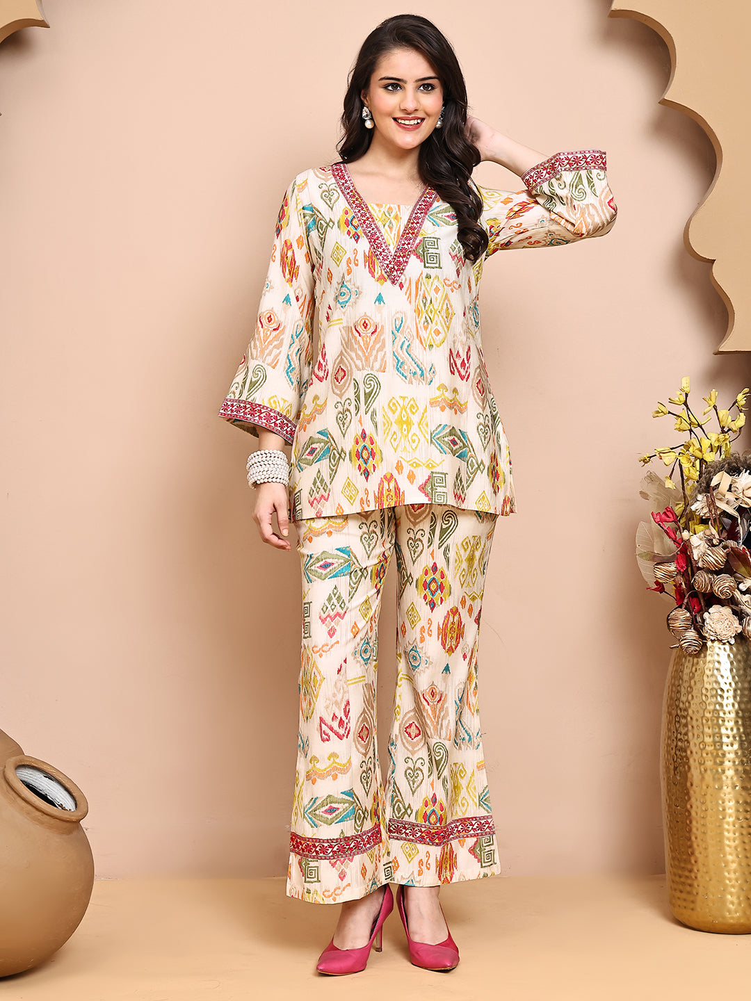 Multi Colour Abstract Printed Premium Chanderi Co-Ord Set for Women