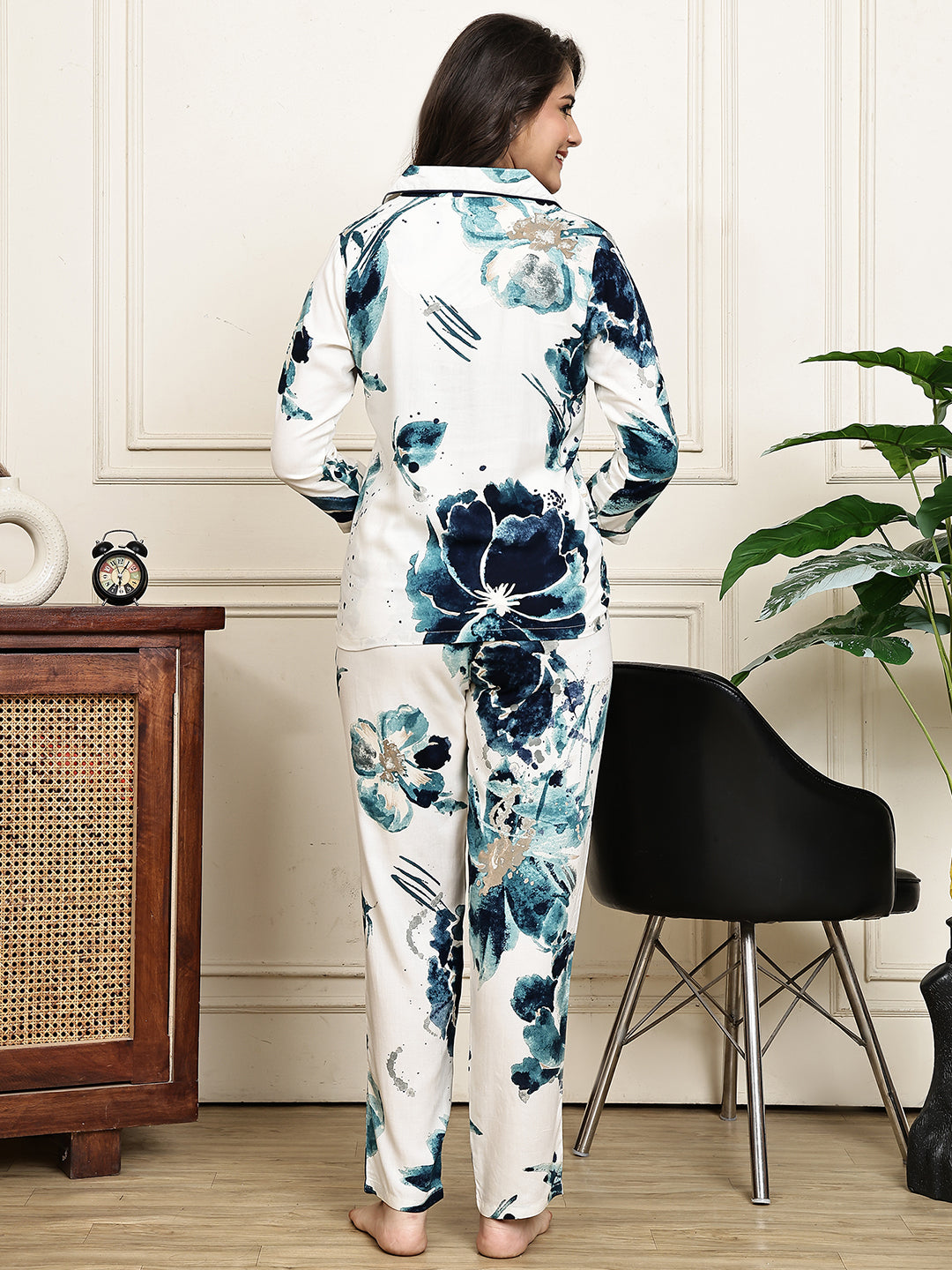 Blue Colour Floral Printed Viscose Rayon Night Suit for Women