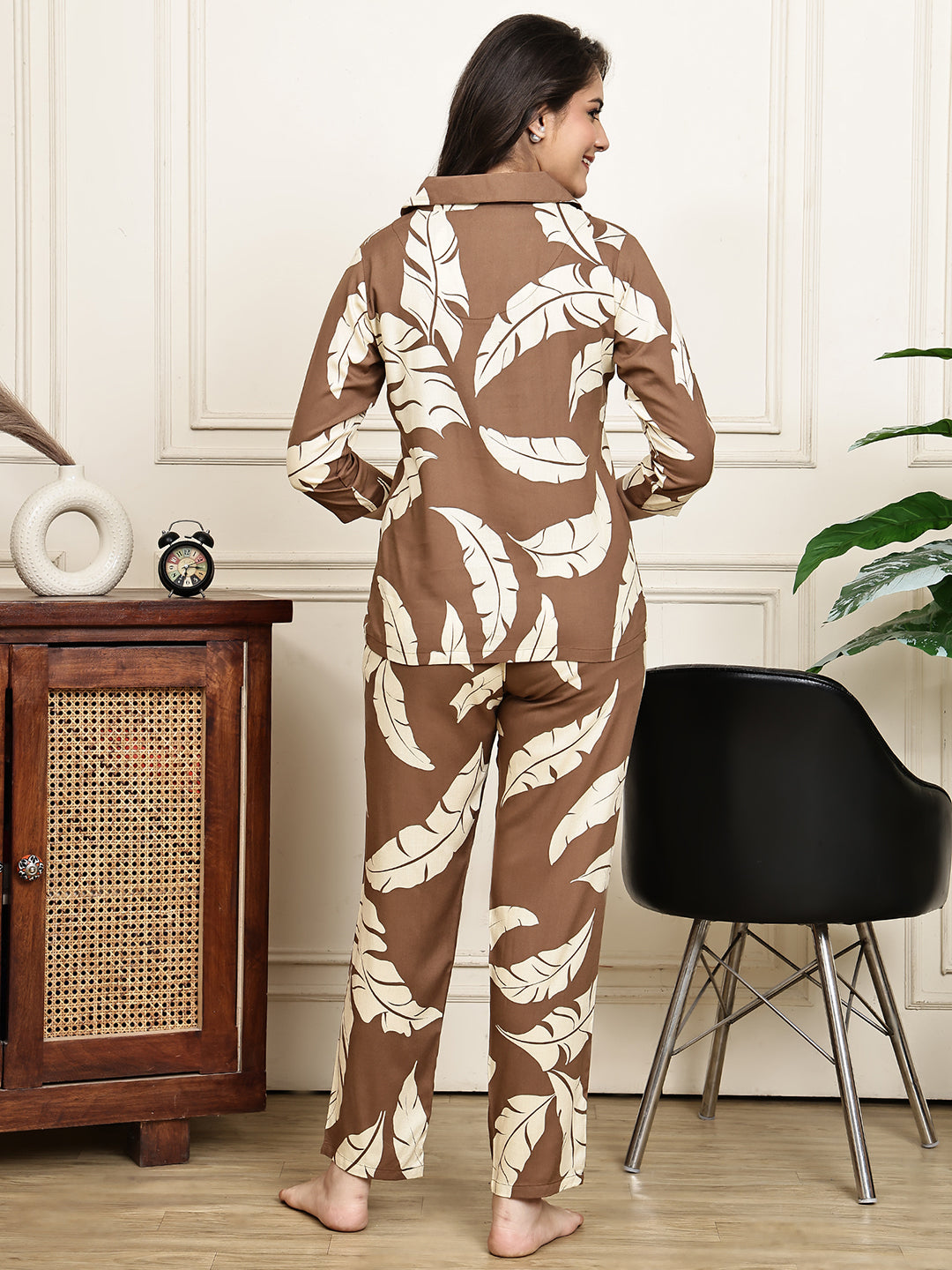 Brown Colour Floral Printed Viscose Rayon Night Suit for Women