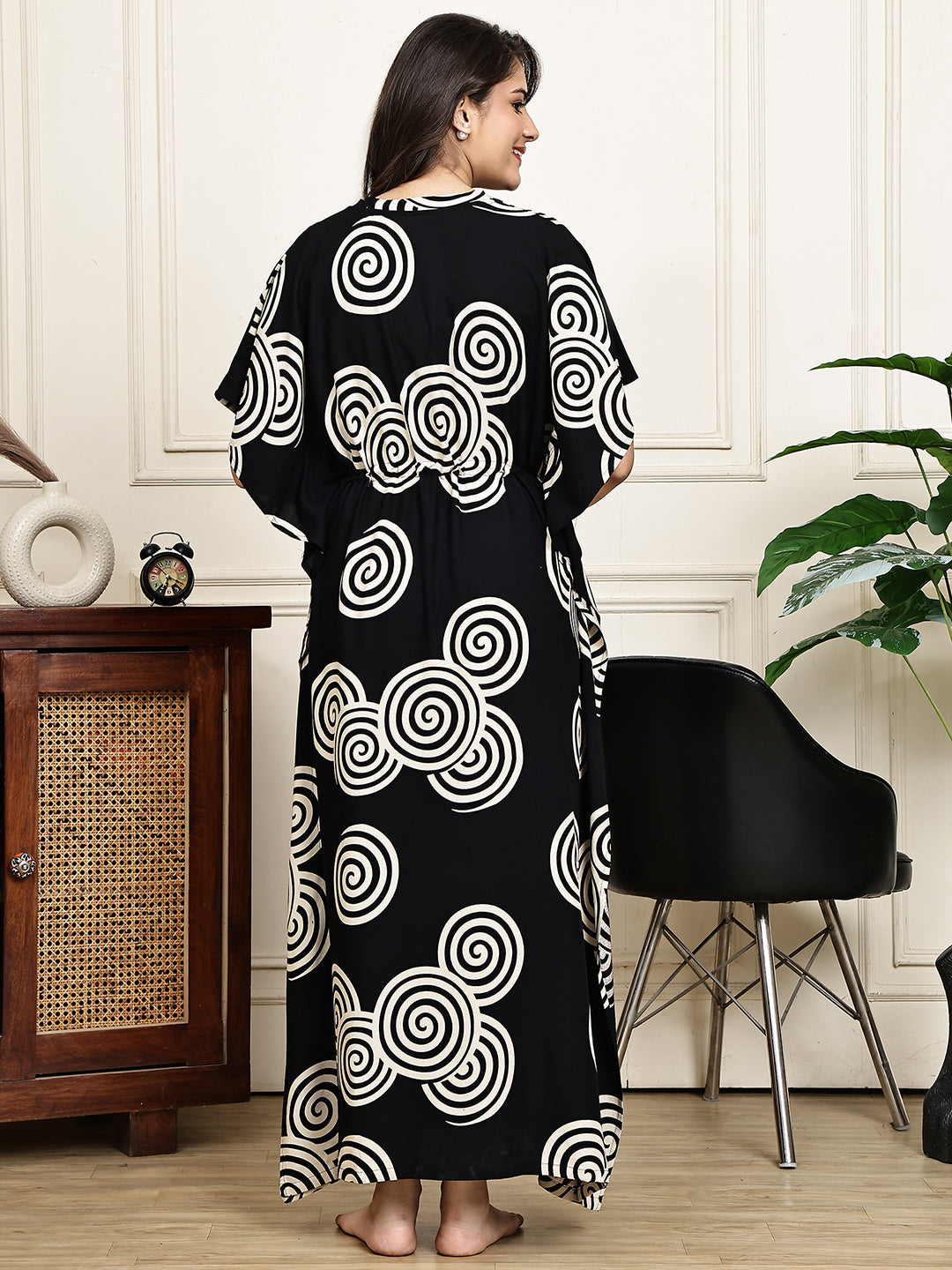 Black Color Abstract Printed Viscose Rayon Kaftan For Women